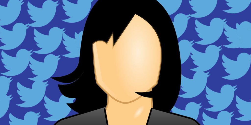 Faceless cartoon woman on background of Twitter bird logos