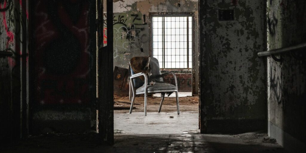 chair in abandoned building