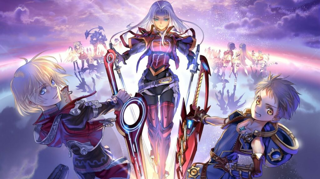 Esta ilustración oficial reúne a Shulk, Rex y Elma para celebrar el décimo aniversario de Xenoblade Chronicles