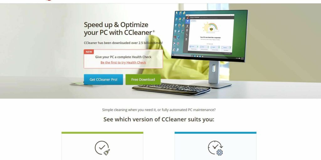 The CCleaner download page