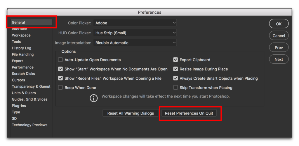 How do I reset Photoshop to default preferences?