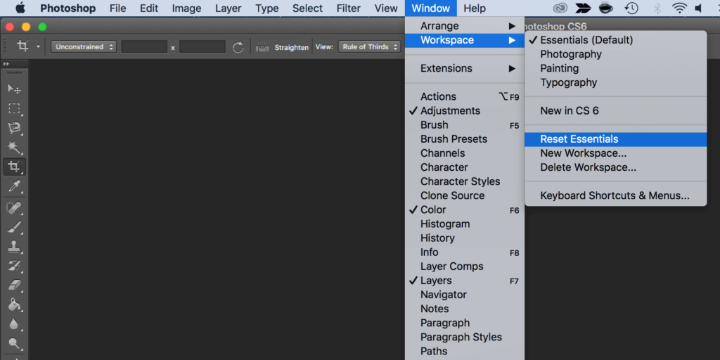 How do I reset the tools and toolbar in Photoshop?