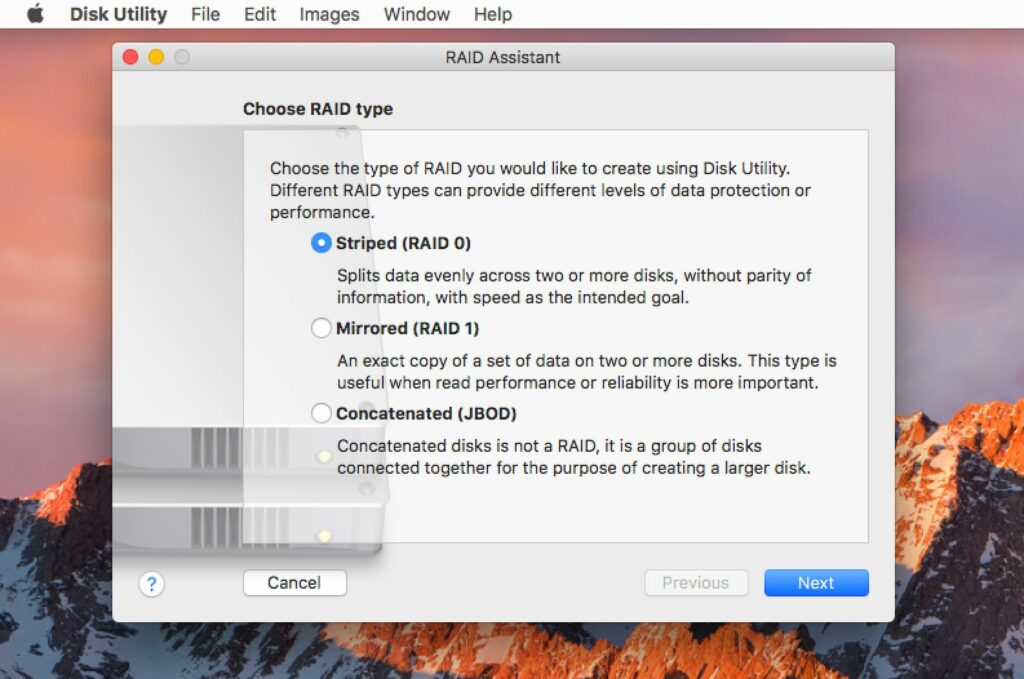 macOS Disk Utility peut créer quatre matrices RAID populaires