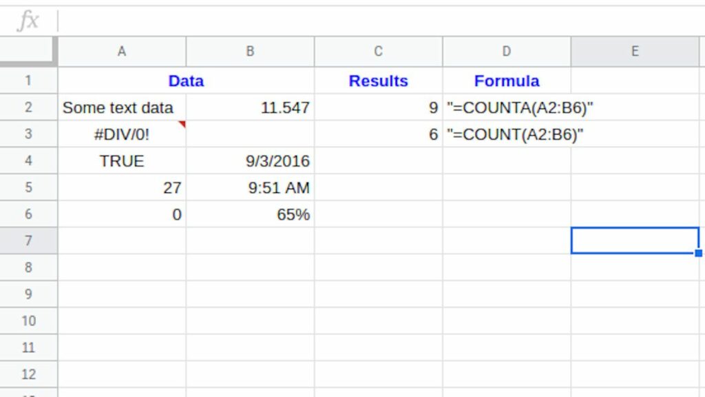 Compter tous les types de données avec Google Spreadsheet COUNTA