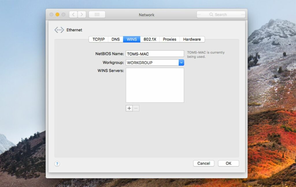 Configurer les noms des groupes de travail Mac et Windows