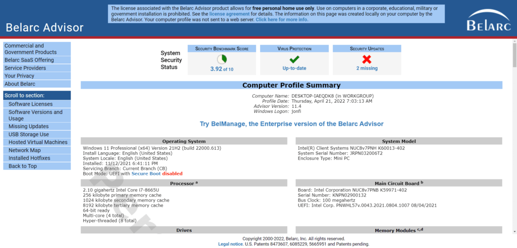 Examen du conseiller Belarc v11.5